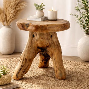 Natural Cedar Stump Stool, 14" End Table, Handcrafted Teak Root Side Table: Rustic Live Edge Accent Table, Holiday Decor Gifts, Patio,Garden