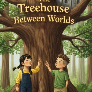 Puede incluir: Ilustración de la portada de un libro infantil titulado "The Treehouse Between Worlds". La imagen presenta un gran árbol con una casa en el árbol y dos niños señalando hacia arriba. El texto en la parte inferior dice "Written by Whisperleaf Tales."