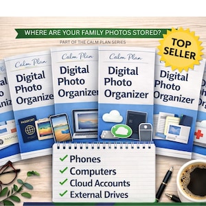 Op de afbeelding: Een verzameling "Digital Photo Organizer" gidsen met een "Top Seller" badge. De gidsen tonen afbeeldingen van telefoons, computers en cloud-iconen. Een notitieblok vermeldt "Telefoons", "Computers", "Cloud Accounts" en "Externe Drives".