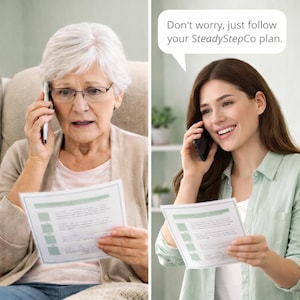 Könnte beinhalten: Zwei Frauen telefonieren, eine ältere und besorgte, die andere jünger und lächelnd. Beide halten Papiere mit einem Checklisten-Design. Eine Sprechblase sagt: "Keine Sorge, befolgen Sie einfach Ihren SteadyStepCo-Plan."