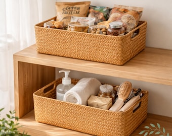 Handwoven Wicker Storage Basket – Natural Rattan Organizer, Rectangular Shelf Basket, Home Decor, Bathroom Kitchen Storage