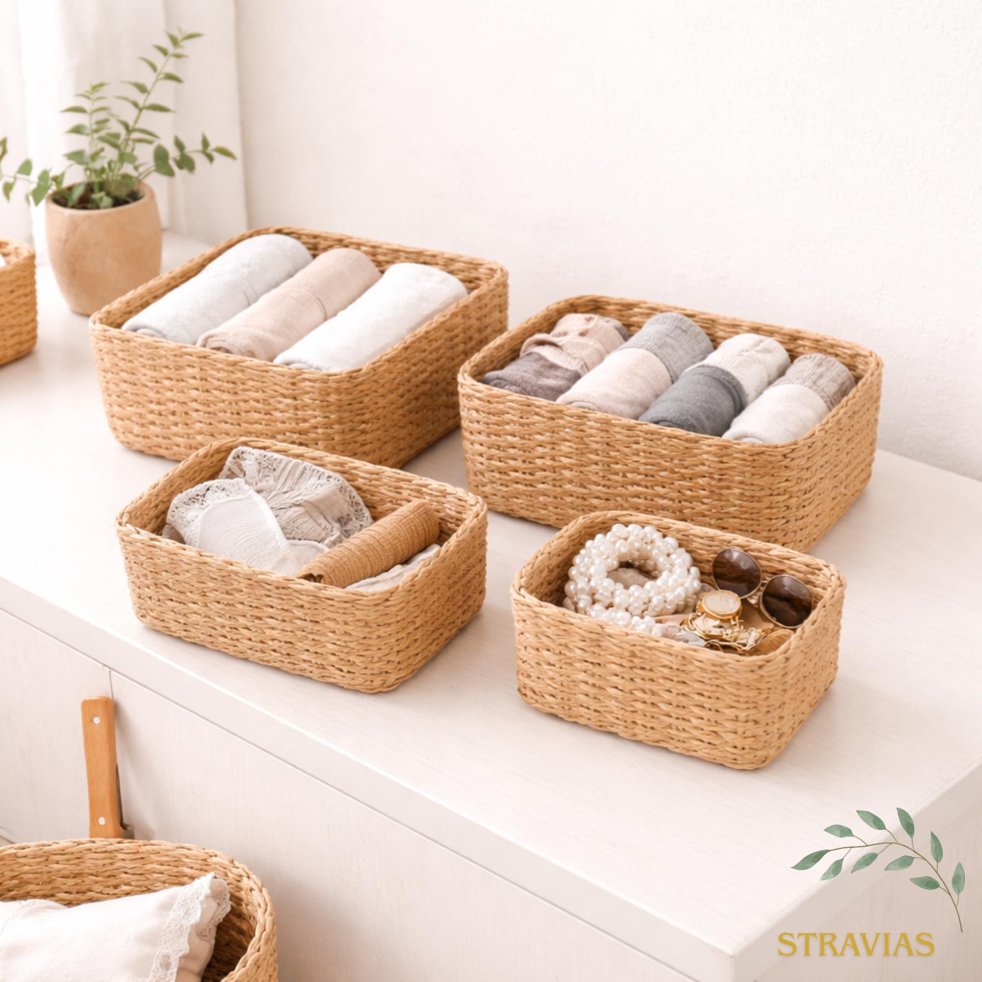 Woven Storage Baskets Set – Natural Wicker Organizer, Shelf Basket ...