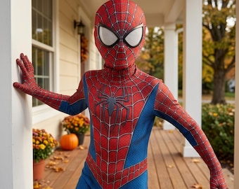 Op de afbeelding: Een volledig Spider-Man-kostuum met een rood en blauw kleurenschema en een zwart spinnenembleem op de borst. Het pak bevat een bijpassend masker met grote witte ooglenzen en een gedetailleerd zwart webpatroon op de rode gedeeltes.