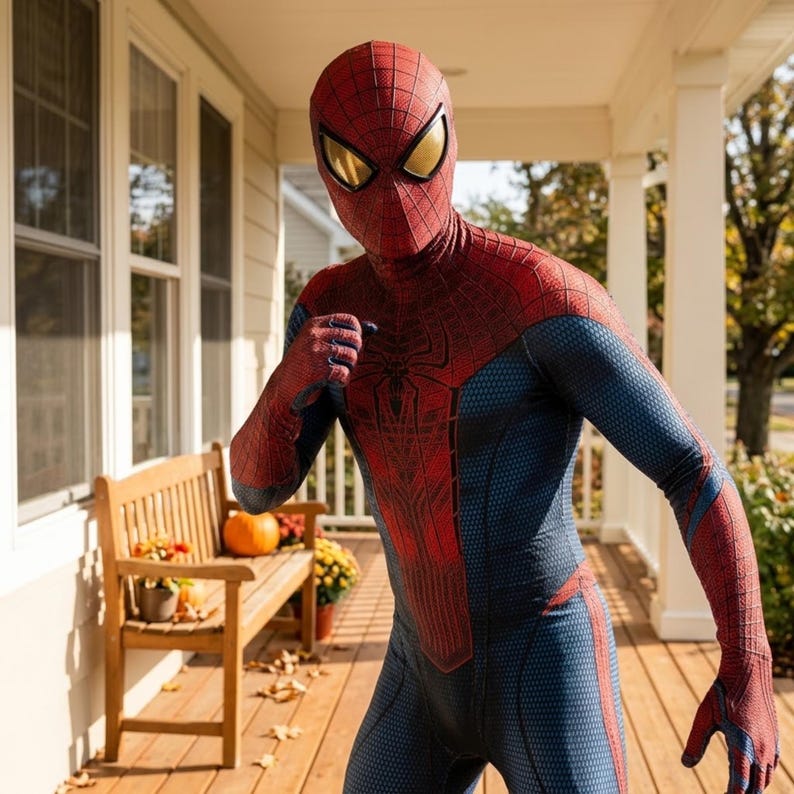 Op de afbeelding: Een volledig Spider-Man-kostuum van rood en blauw gestructureerde stof met een zwart spinnenembleem op de borst. Het masker bevat grote, reflecterende goudkleurige lenzen en het pak heeft een gedetailleerd webpatroon over de rode gedeelten.