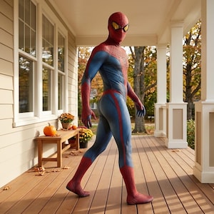 Men’s full-body superhero catsuit with red web design, blue panels and mask for Halloween or comic convention.