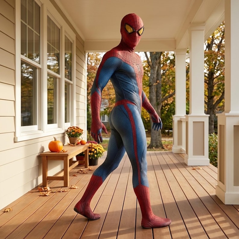 Men’s full-body superhero catsuit with red web design, blue panels and mask for Halloween or comic convention.