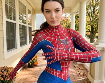 Op de afbeelding: Een volledig spandex bodysuit met een rood en blauw kleurenschema, een zwart spinnenembleem op de borst en een webpatroon over de rode delen. Het kledingstuk heeft lange mouwen, een hoge halslijn en een textuur over het gehele oppervlak.