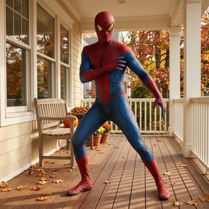 Red and blue Spiderman cosplay bodysuit for men with full mask, web pattern, covered hands and matching feet.