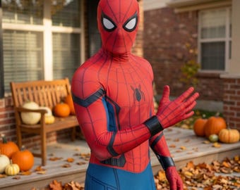 Op de afbeelding: Een volledig Spider-Man-kostuum bestaande uit een rood en blauw spandex pak met een zwart spinnenembleem op de borst, een webpatroon over de rode delen, zwarte polsbanden en een bijpassend masker met grote witte ooglenzen.