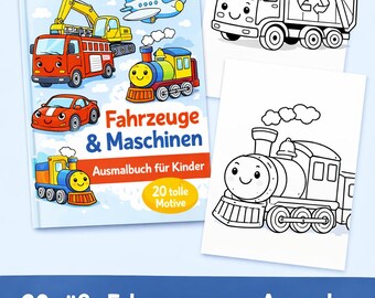 Vehicles & Machines Coloring Book for Kids | 20 Pages | Cars, Fire Engines, Excavators | Digital Download