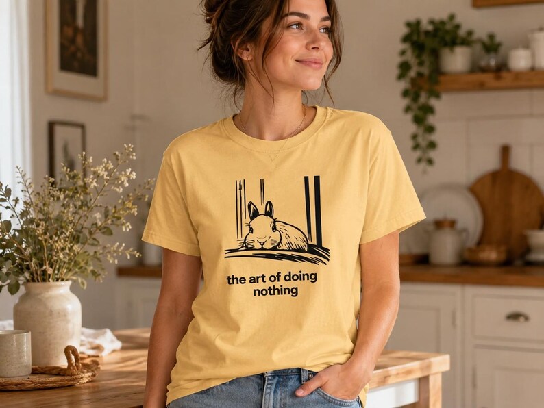 Puede incluir: Una camiseta amarilla de manga corta con un gr&aacute;fico negro de un conejo descansando y el texto "the art of doing nothing" impreso debajo de la ilustraci&oacute;n. La camiseta tiene cuello redondo y un corte relajado en tela de algod&oacute;n lisa.