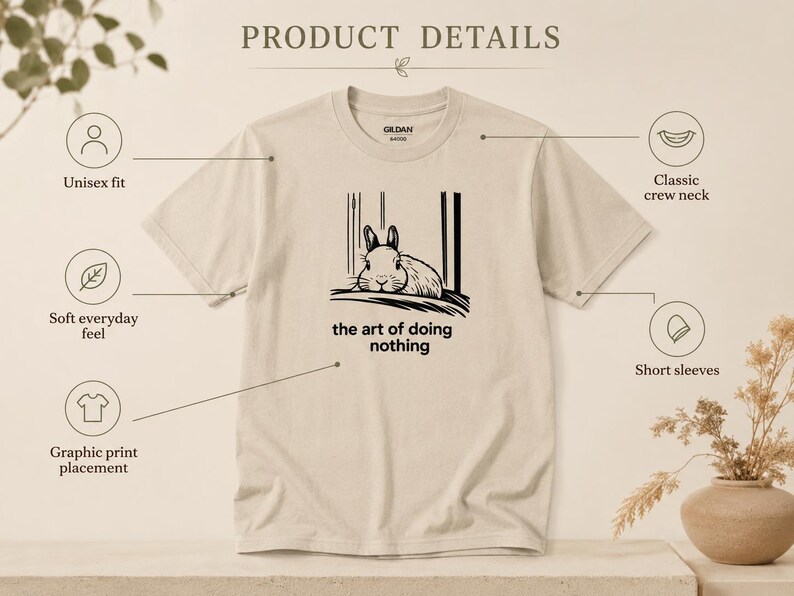 Puede incluir: Una camiseta beige de manga corta y cuello redondo con un estampado gr&aacute;fico negro de un conejo descansando. El texto debajo del conejo dice, the art of doing nothing. La camiseta presenta un corte unisex y detalles del producto visibles.