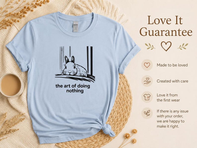 Puede incluir: Una camiseta de manga corta de color azul claro con un gr&aacute;fico negro de un conejo descansando, acompa&ntilde;ado por el texto "the art of doing nothing" impreso debajo de la ilustraci&oacute;n. La prenda tiene cuello redondo y un corte est&aacute;ndar.