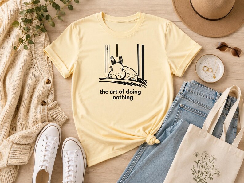 Puede incluir: Una camiseta de manga corta de color amarillo p&aacute;lido con una ilustraci&oacute;n de l&iacute;neas negras de un conejo descansando y el texto "the art of doing nothing" impreso en una fuente sans-serif sencilla en el centro de la prenda.