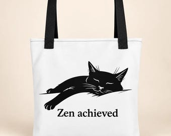 Zen Achieved Sleeping Black Cat Tote Bag, Funny Cat Lover Gift