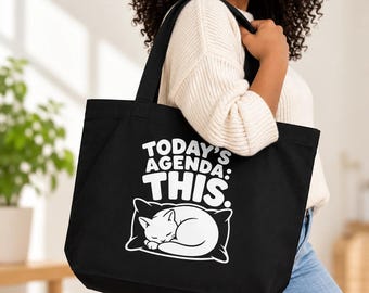 Sleepy Cat Tote Bag, Organic Cotton, Funny Cat Lover Gift