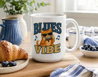 Blues Vibe Cat Mug, Funny Music Lover Coffee Mug
