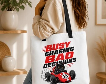 Funny Black Cat Tote Bag, Racing Car Design, Sarcastic Cat Lover Gift
