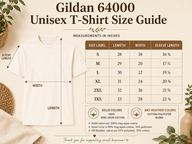 Puede incluir: Una gu&iacute;a de tallas de camiseta unisex Gildan 64000 con una camiseta color crema y flechas que indican largo, ancho y largo de manga. Una tabla muestra las medidas en pulgadas para las tallas S a 3XL, junto con detalles de la composici&oacute;n.