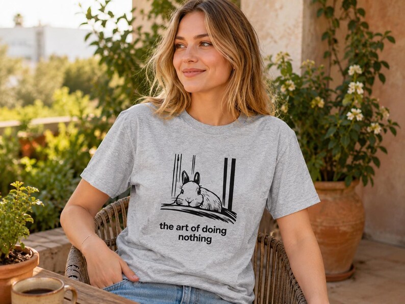 Puede incluir: Una camiseta gris jaspeado de manga corta con un estampado gr&aacute;fico negro de un conejo descansando sobre una superficie con l&iacute;neas verticales de fondo. Debajo de la ilustraci&oacute;n, el texto dice the art of doing nothing en letra negra.