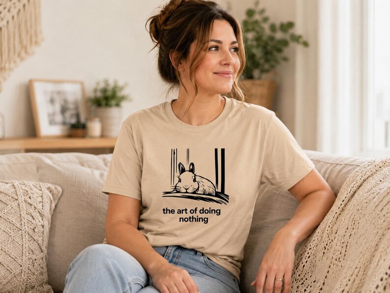 Puede incluir: Una camiseta beige de manga corta con un gr&aacute;fico negro de un conejo descansando y el texto "the art of doing nothing" impreso en la parte delantera. La prenda cuenta con un cuello redondo y un corte est&aacute;ndar de dise&ntilde;o sencillo.