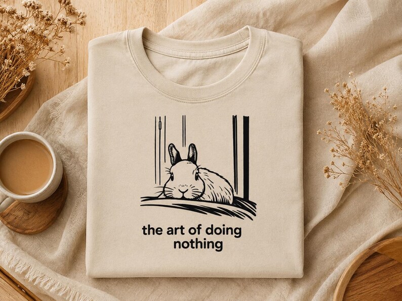 Puede incluir: Una camiseta beige de cuello redondo con una ilustraci&oacute;n de l&iacute;neas negras de un conejo descansando entre dos l&iacute;neas verticales. Debajo del gr&aacute;fico, el texto dice "the art of doing nothing" en una fuente negra sencilla y min&uacute;scula.