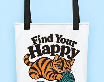 Find Your Happy Cat Tote Bag, Orange Tabby Yarn Lover Gift
