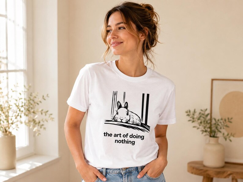 Puede incluir: Una camiseta blanca de manga corta con una ilustraci&oacute;n gr&aacute;fica negra de un conejo descansando sobre una superficie con l&iacute;neas verticales de fondo. Debajo de la ilustraci&oacute;n, el texto dice "the art of doing nothing" en letra negra.