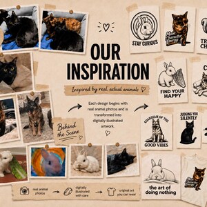 Puede incluir: Un collage que presenta fotograf&iacute;as reales de animales e ilustraciones digitales de gatos, perros y conejos. El texto incluye OUR INSPIRATION, STAY CURIOUS, MAIN CHARACTER ENERGY, TREE LIFE CHOSE ME, FIND YOUR HAPPY, CHILLIN' WITH PURPOSE.