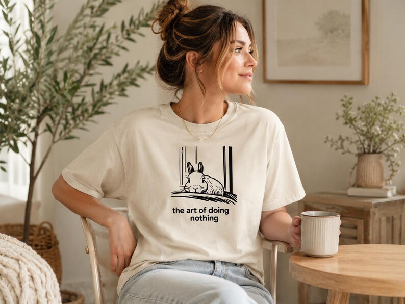 Puede incluir: Una camiseta de manga corta de color crema con una ilustraci&oacute;n gr&aacute;fica negra de un conejo descansando. Debajo del conejo, el texto dice "the art of doing nothing". La camiseta tiene cuello redondo y un corte holgado.