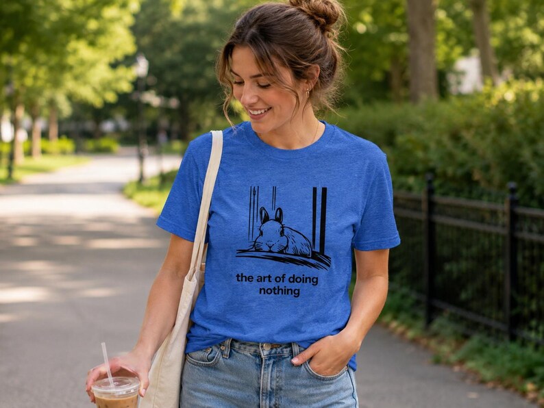Puede incluir: Una camiseta de manga corta en azul jaspeado con un gr&aacute;fico negro de un conejo descansando y el texto "the art of doing nothing" impreso en la parte delantera. La prenda tiene cuello redondo y corte est&aacute;ndar, acompa&ntilde;ada de una bolsa de tela.