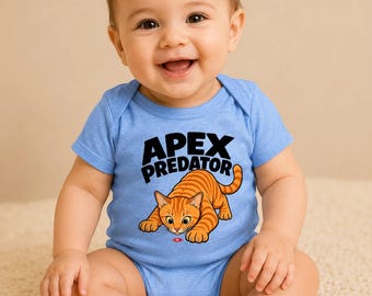 Funny Apex Predator Cat Baby Bodysuit, Orange Tabby Stalking Red Dot