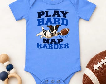 Football Puppy Baby Bodysuit, Play Hard Nap Harder, Soft Cotton Onesie