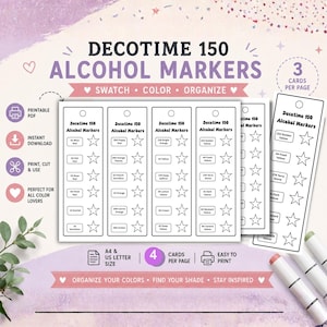 May include: A digital printable swatch card set for Decotime 150 Alcohol Markers. The white rectangular cards feature numbered colour labels and star-shaped outlines for testing ink. The layout includes text headers, icons for printing, and download instructions on a light purple background with green leaves and markers.