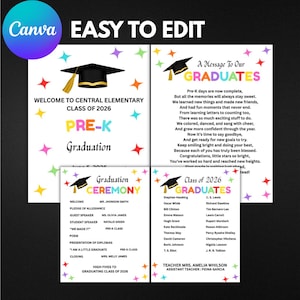 Puede incluir: Un conjunto de cuatro plantillas de graduación imprimibles para estudiantes de preescolar con un icono de birrete negro y estrellas coloridas. El texto incluye Welcome to Central Elementary Class of 2026, A Message To Our Graduates, Graduation Ceremony y Class of 2026 Graduates con una lista de nombres.
