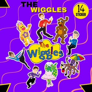 May include: A collection of 14 stickers featuring characters from The Wiggles. The stickers include images of the band members, a dog, a unicorn, and other colorful characters. The stickers are set against a purple background with yellow accents.