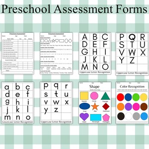 May include: A collection of Preschool Assessment Forms featuring black text on white paper. The sheets include grids for uppercase and lowercase letter recognition, shape identification with colorful graphics, color recognition charts, and checklists for basic and social skills.