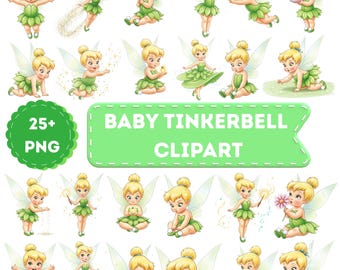 Op de afbeelding: Een verzameling van 25+ digitale illustraties van een babyfee met blond haar in een knotje, gekleed in een groen bladachtig jurkje met doorschijnende vleugels. De tekst luidt 25+ PNG BABY TINKERBELL CLIPART op een groen lint.