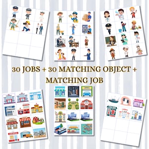 Puede incluir: Un conjunto de tarjetas educativas con 30 trabajos, 30 objetos a juego y 30 lugares de trabajo. Las tarjetas muestran ilustraciones coloridas de varias profesiones, edificios y herramientas, con el texto 30 JOBS + 30 MATCHING OBJECT + MATCHING JOB.