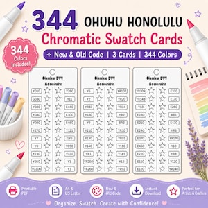 May include: Three white rectangular swatch cards labeled 344 Ohuhu Honolulu Chromatic Swatch Cards with columns of alphanumeric codes and star outlines for coloring. The cards include text for New & Old Code, 3 Cards, and 344 Colors, surrounded by marker illustrations and decorative icons.
