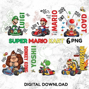 May include: Digital download featuring Super Mario Kart characters: Luigi, Mario, Toad, Donkey Kong, Yoshi, and Bowser in their karts. Each character is driving a kart and waving a checkered flag. The text "Super Mario Kart 6 PNG" and "Digital Download" are also included.