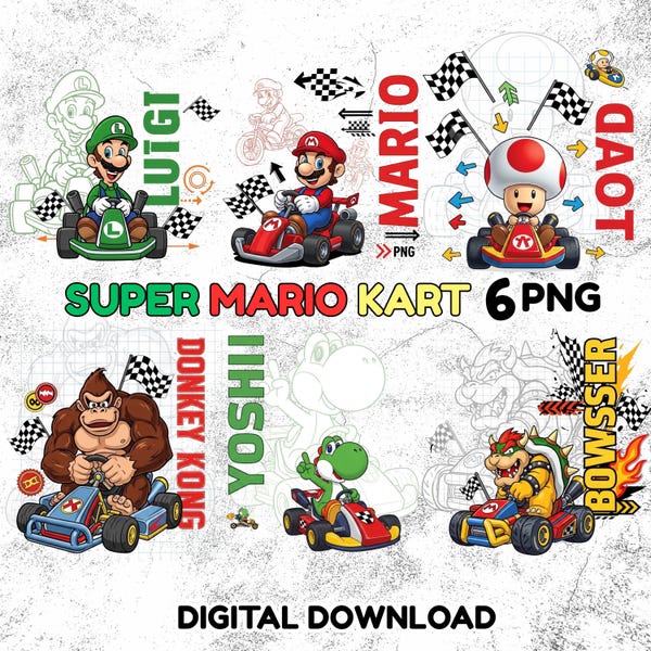 Super Mario Kart PNG Clipart Bundle Mario Luigi Peach Toad Bowser Characters Video Game Birthday Party Sublimation Cricut Printable PNG Set