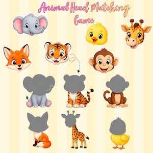 May include: An Animal Head Matching Game featuring cartoon heads of an elephant, chick, giraffe, fox, tiger, and monkey. Below are corresponding animal bodies in silhouette form, with a dashed arrow indicating the tiger head matching the tiger body.