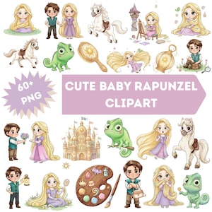 Cute Baby Rapunzel PNG Bundle – 60+ Watercolor Fairytale Princess Clipart, Blond Tower Girl, Pascal Pony Friend, Birthday Party Sublimation