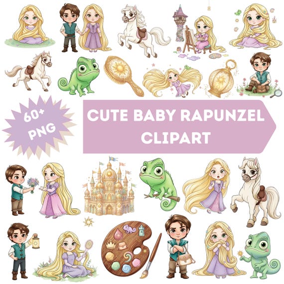 Cute Baby Rapunzel PNG Bundle – 60+ Watercolor Fairytale Princess Clipart, Blond Tower Girl, Pascal Pony Friend, Birthday Party Sublimation