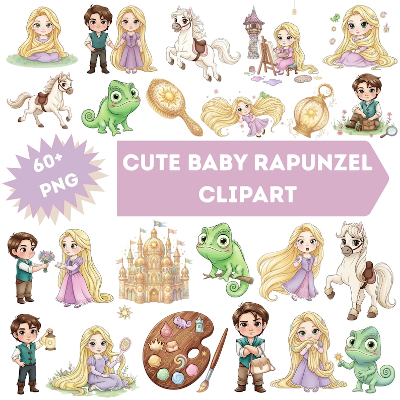 Op de afbeelding: Een verzameling digitale illustraties met stripfiguren met lang blond haar, een jongen met bruin haar, een wit paard, een groene kameleon, een kasteel, een lantaarn, een haarborstel en een verfpalet met de tekst 60+ PNG CUTE BABY RAPUNZEL CLIPART.