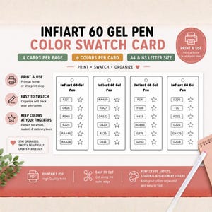 以下が含まれることがあります： Infiart 60ジェルペン用カラーチャート印刷シート。1ページに4枚の縦長長方形タグが配置されています。各タグには6つの番号付きカラーコードボックスと、インクの色を試すための星型アイコンが記載されており、テキストラベルも含まれています。