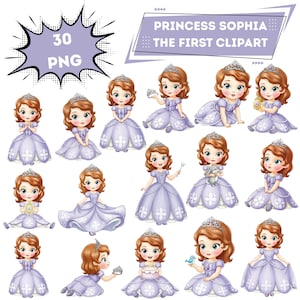 Prinsessan Sofia den Första PNG-paket – 30 akvarell sagoklipp, Sofias födelsedagsbarnrumsgrafik för sublimering av barnkalas och nedladdning