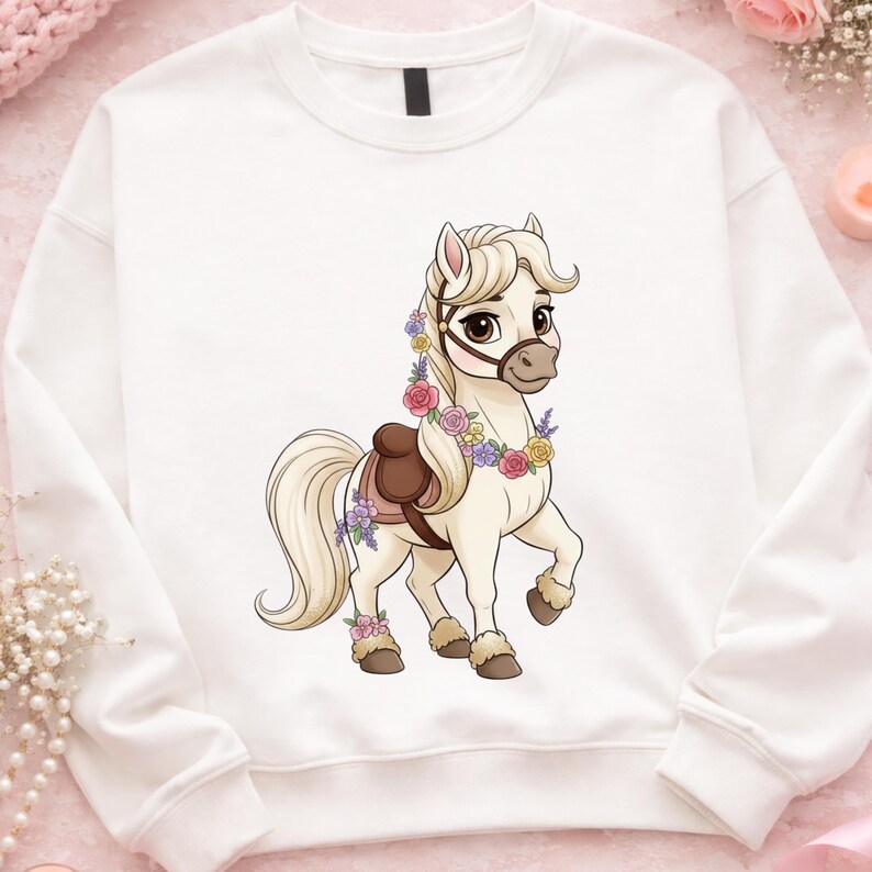 Op de afbeelding: Witte sweatshirt met een cartoon pony ontwerp. De pony is cr&egrave;mekleurig, met een bloemenslinger en zadel. De manen en staart zijn vloeiend. De bloemen zijn roze, geel en paars. De sweatshirt heeft een ronde hals.