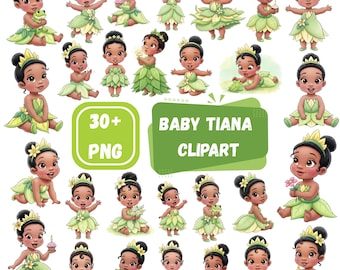 Op de afbeelding: Een verzameling van 30+ PNG baby Tiana clipart afbeeldingen. De illustraties tonen een baby meisje met donker haar en huid, gekleed in groene en gele jurken en bloemenkransen. Sommige houden kikkers, bloemen of cupcakes vast.